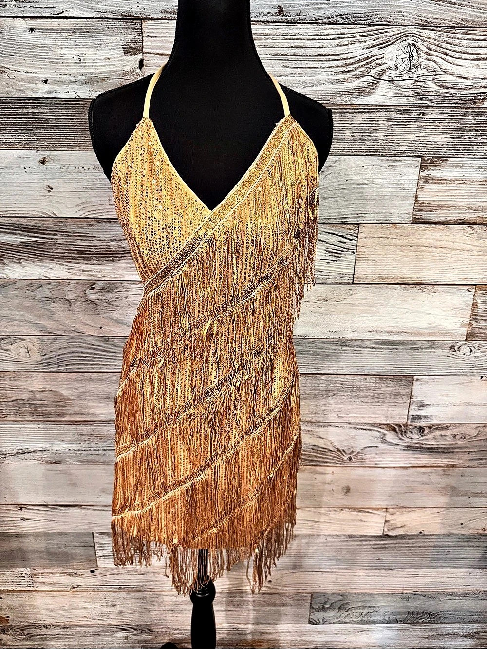 SHEIN Sequin Fringe Mini Dress in Gold Size Medium Like New